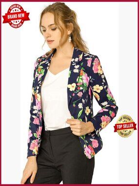 Cropped Blazer with Printed Suit Jacket Open Front Notch Lapel